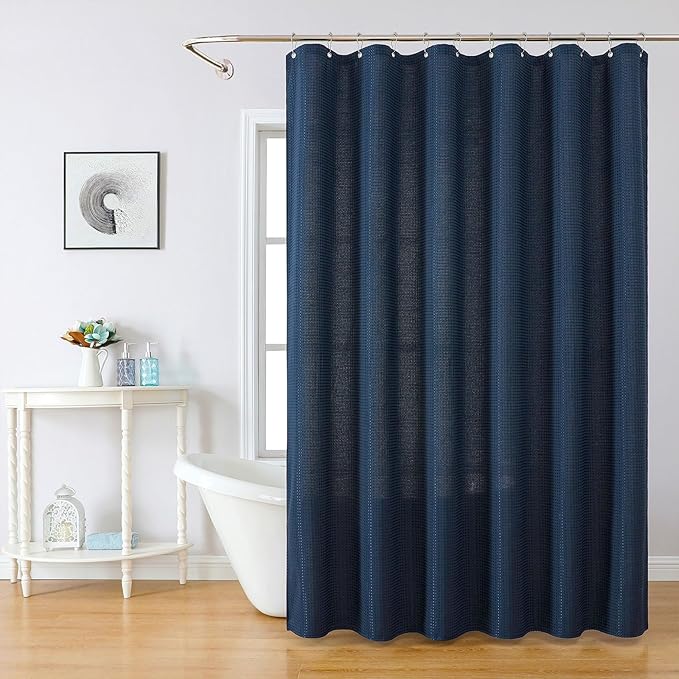 meioro Navy Blue Shower Curtain, Waffle Weave 256GSM Heavy Duty Textured Fabric Shower Curtains for Bathroom Hotel Spa, Luxury Weighted Polyester Cloth Bath Curtain Set with 12 Hooks, 72Wx72H