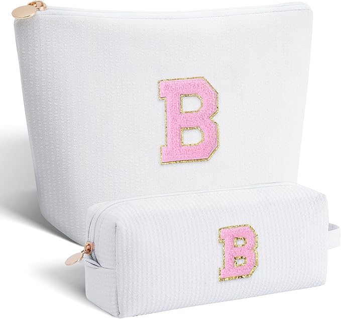 Btffitting Bridesmaid Gifts Wedding Day - Bridal Shower Gifts,Maid of Honor Gifts,Initials Makeup Bag Set Cosmetic Bag - White,B