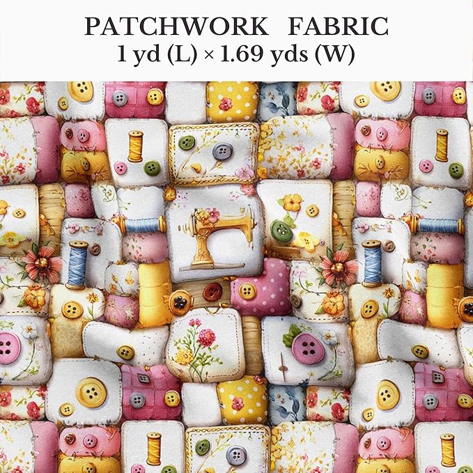 Vintage Sewing Notions Patchwork Cotton Fabric Panel 61 x 36.6 Inches, Buttons & Threads Quilt Print, Soft Pastel Multicolor Tones, 100% Cotton 140 GSM