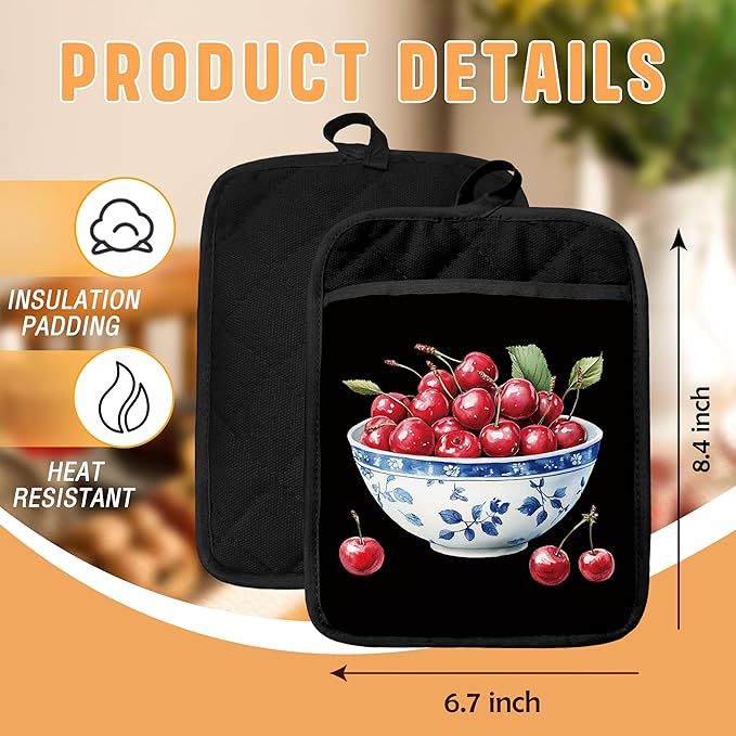 Chinoiserie Cherry Cake Pot Holders with Pockets, Red and White Grandmillennial Cherry Fruit Oven Pot Holders Heat Resistant Oven Mitts Hot Pads for Kitchen Baking Cooking