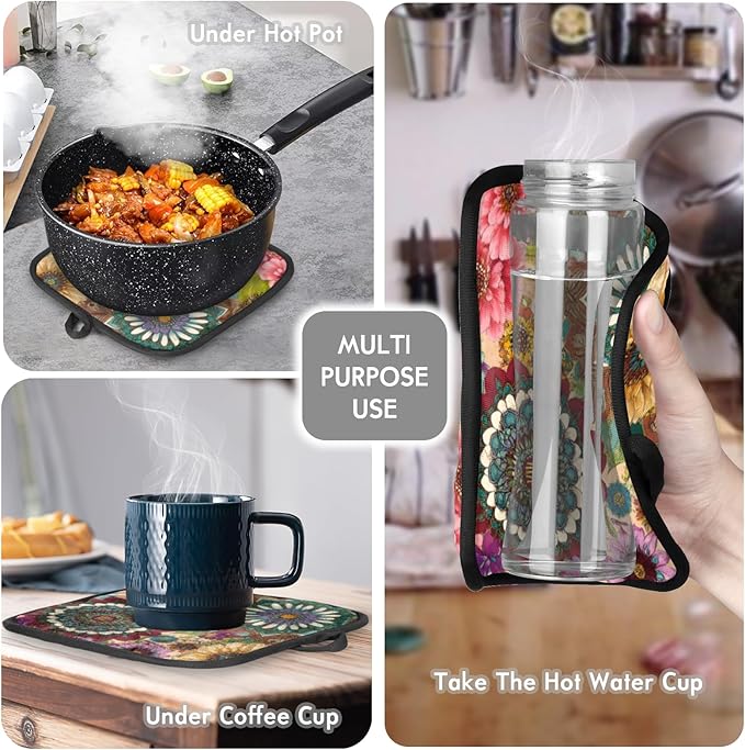 Oven Mitts and Pot Holders, Bohemian Floral Kitchen Mittens and Pot Holder 2Pcs Set, Retro Pattern High Heat Resistant Kitchen Hot Pads and Mitts for Chef Cooking, Baking, BBQ, Picnic