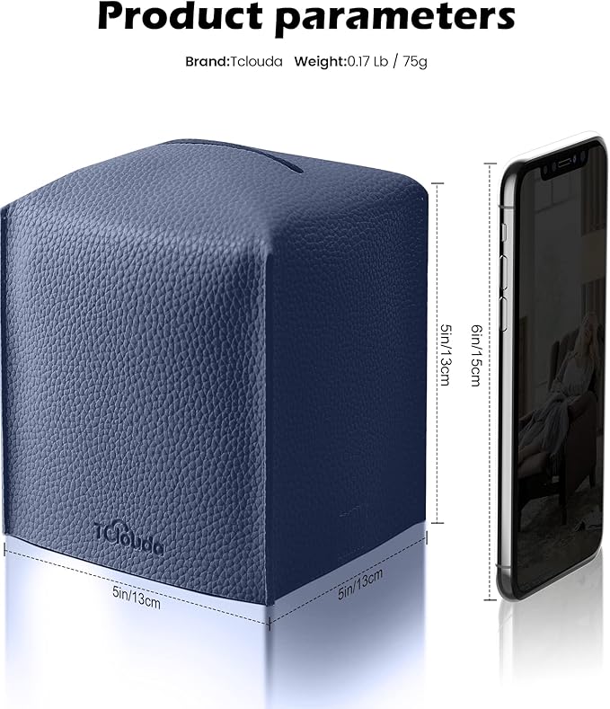 Tclouda Tissue Box Cover for PU Leather, Modern Simple Solid Color Holder Square Tissue Bag, Ideal for Bathrooms,Office,Car,Outdoor Tent,Dining Table,5"X5"X5", Single Navy Blue