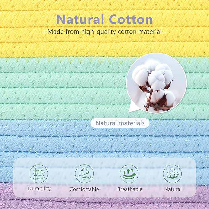 ECDYQXVU Cotton Rope Storage Basket, 15x10x9 Inches, Woven Basket for Shelves, Clothes, Towels, Books, and Laundry, Rainbow (3 Pack)