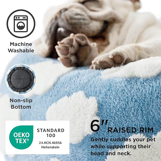 LE SURE Donut Cat Beds for Indoor Cats - Small Round Dog Bed for Calming Pets as Gift with Washable Cover, Cute Modern Puppy Beds with Jacquard Shaggy Plush & Anti Slip Bottom, 20 Inch, Blue