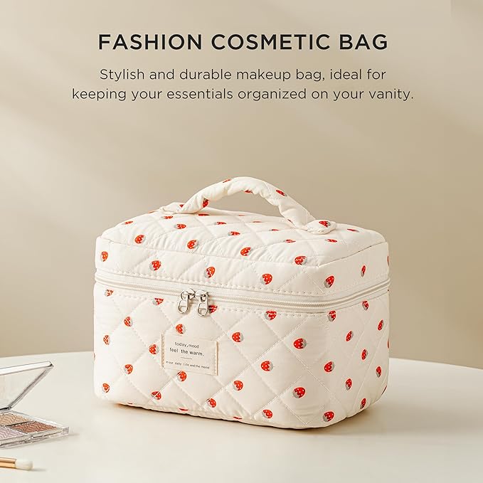 HBselect Christmas Gifts Large Quilted Makeup Bag, Cute Cotton Travel Makeup Bag with Handle, Portable Coquette Floral Make up Bags, Toiletry Organizer Make up Bags for Women Teen Girls Mom