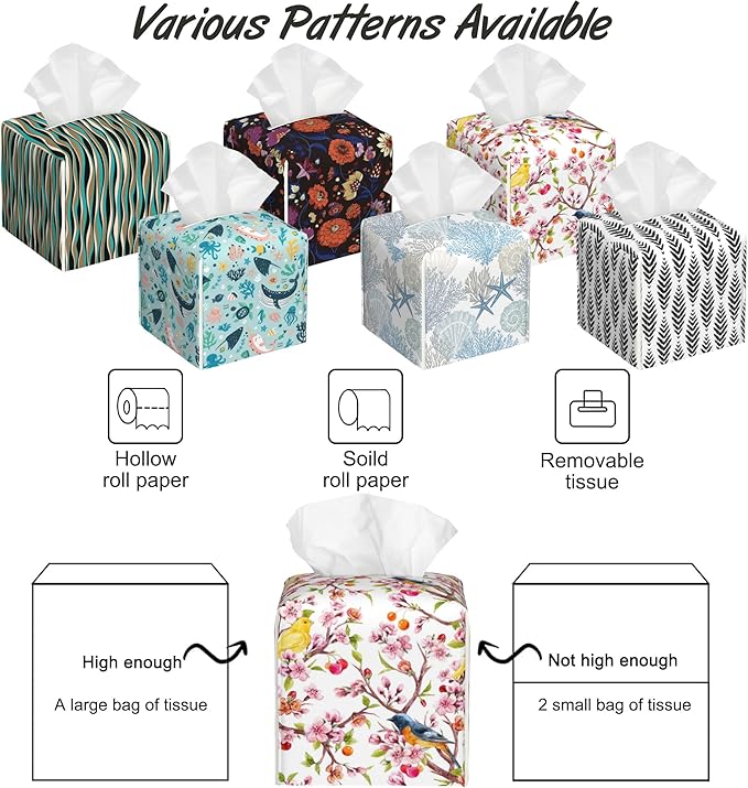 Cherry Blossoms Tissue Box Holder,Watercolor Bird Cube Tissue Box Cover Holder,Leather Facial Paper Organizer Dispenser Home for Bedroom Night Stands,Kitchen,Office and Car,5.2"×5.2"×5.2"