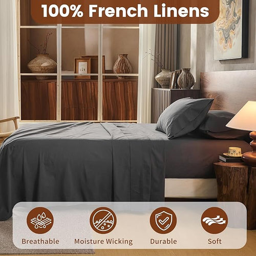 100% Linen Sheets California King Size,Breathable & Durable 4-Piece Bed Flax Sheet Set,Soft All-Season Bedding for Hot Sleepers 16" Deep Pocket Oeko-TEX Certified,（Cal King, Dark Grey）