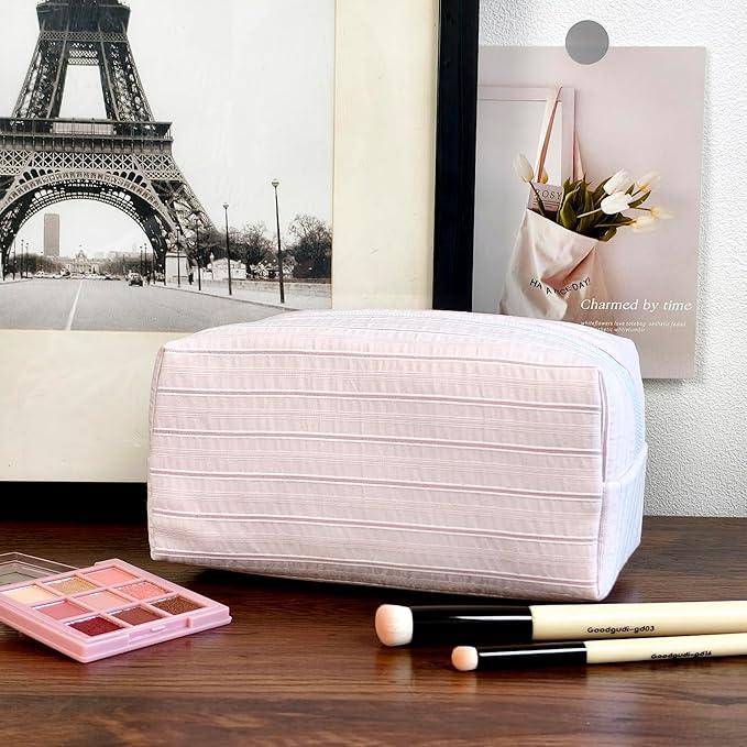 STARDW Striped Cotton Makeup Bag, Cute Cosmetic Pouch with Canvas Lining & Zipper, Travel Toiletry Bag