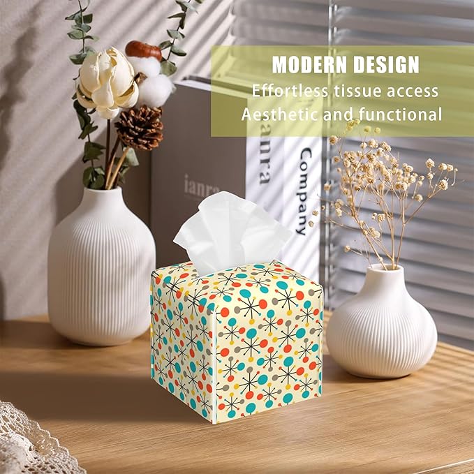 BLYKVGHQ Mid Century Modern Atomic Tissue Box Cover Square, Retro Tissue Box Holder with Bottom Belt Leather Facial Paper Organizer Dispenser for Bathroom Bedroom Dresser Night Stand Tabletop