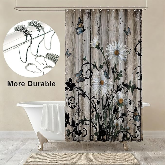 mutakin Rustic Grey Floral Shower Curtain Butterfly Flowers Shower Curtains for Bathroom Waterproof Fabric Bath Curtain Decor with Hooks