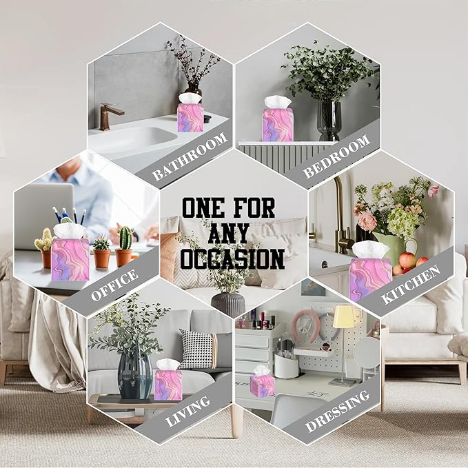 OHEGBXE Tissue Box Holder Purple and Pink Liquid Marble Square Leather Tissue Box Cover Modern Cube Facial Paper Cover Case for Bathroom Vanity Countertop Night Stands Tabletop