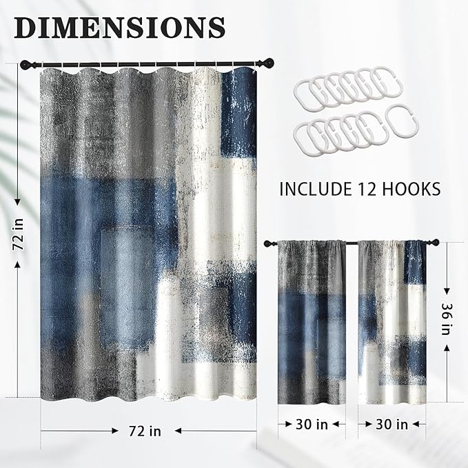 Culudea Navy Blue Grey Painting Shower Curtain Set, Gray Contemporary Modern Abstract Bathroom Window Waterproof Shower Curtain Set for Bathroom Decor
