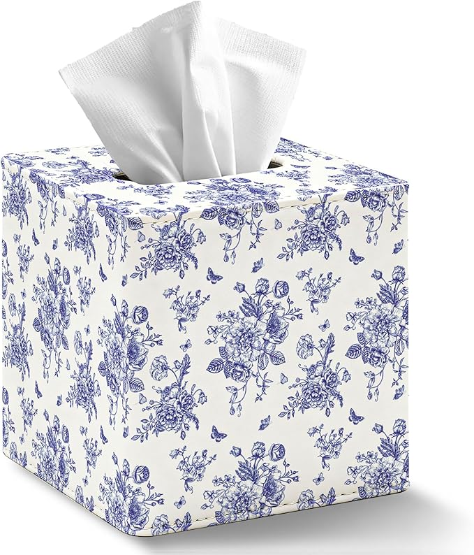 JarThenaAMCS Blue Floral Tissue Box Cover with Magnetic Closure PU Leather Tissue Holder Chinoiserie Flower Butterfly Square Napkin Box for Home Office Bedroom Countertop Decor