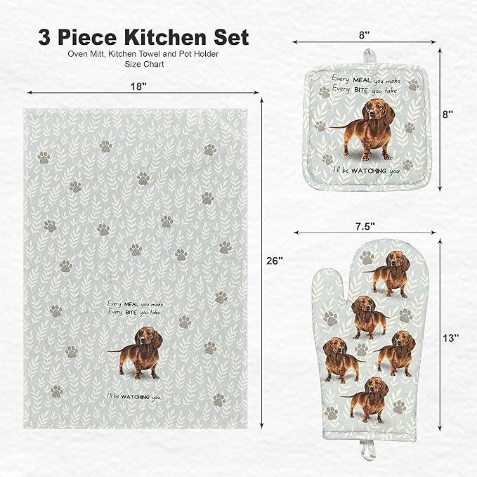 Dachshund 3-Piece Kitchen Set - Oven Mitt, Pot Holder & Kitchen Towel Set, Heat Resistant up to 420 F, Soft Quilted Cotton for Cooking, Baking, BBQ, Pet Lover Gifts (Dachshund Red)