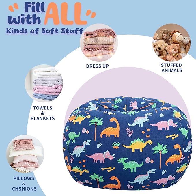 WEKAPO Stuffed Animal Storage Bean Bag Chair Cover for Kids | Stuffable Zipper Beanbag for Organizing Children Plush Toys Large Premium Cotton Canvas (Dinosaur, X-Large)