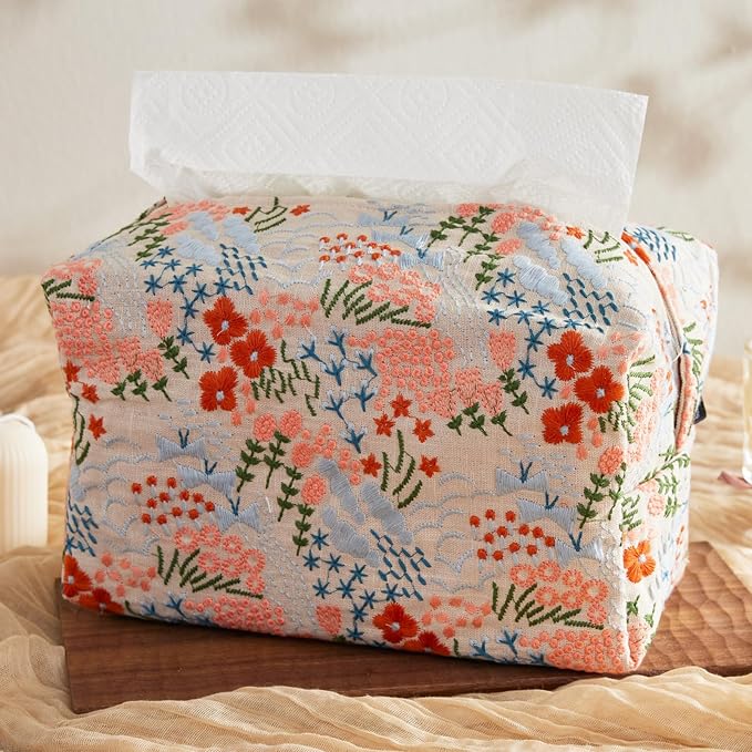 Hausfrau Tissue Box Cover Rectangular Embroidered Jacquard Linen Tissue Holder Case Decorative for Bathroom Vanity Countertop Desk Office, 10"x5.3"x5.3", Cream Flowersea