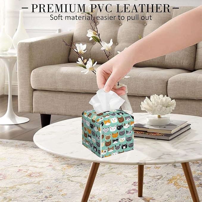 POIUBLE Cute Cat Face Tissue Box Cover Funny Cats Leather Tissue Box Holder Square Facial Paper Organizer Dispenser for Bathroom Kitchen Bedroom Vanity Countertop Night Stands