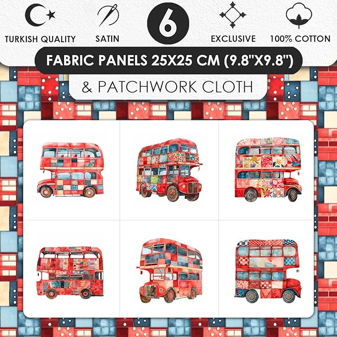 Patchwork Double-Decker Bus Cotton Fabric Panel – 6 Designs (10×10 inch Each) + Bonus Sheet 29.5×19.6 inch, 100% Cotton 140 GSM, Made in Türkiye
