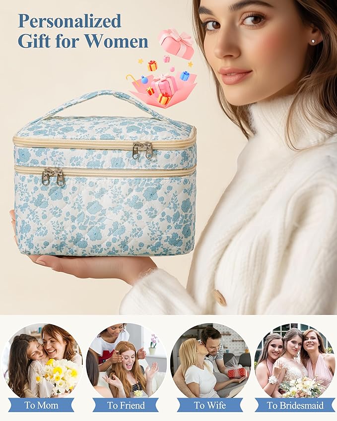 HBselect Christmas Gifts Large Quilted Makeup Bag, Cute Cotton Travel Makeup Bag with Handle, Portable Coquette Floral Make up Bags, Toiletry Organizer Make up Bags for Women Teen Girls Mom