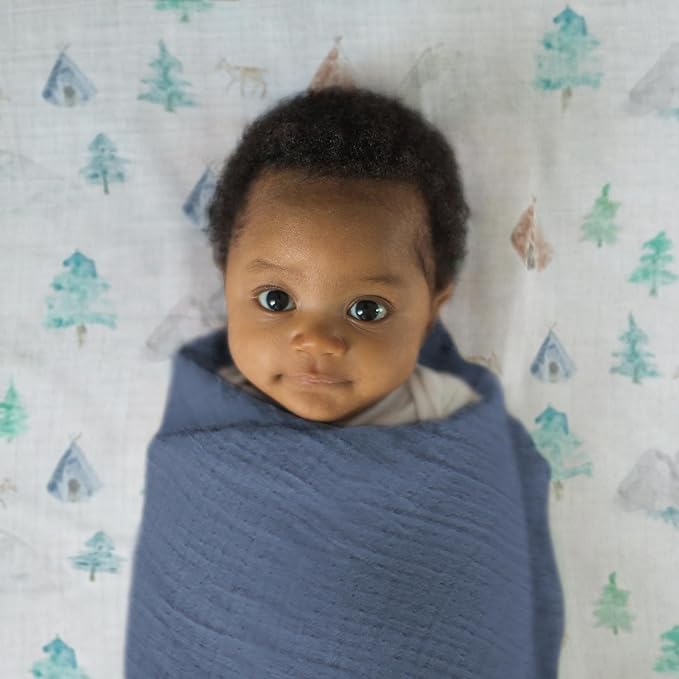 SwaddleDesigns Cotton Muslin Swaddle Blankets for Baby Boy & Baby Girl, Set of 4, Neutral Receiving Blankets for Newborn, Baby Registry & Gift, 46x46 inches, Watercolor Mountains & Trees