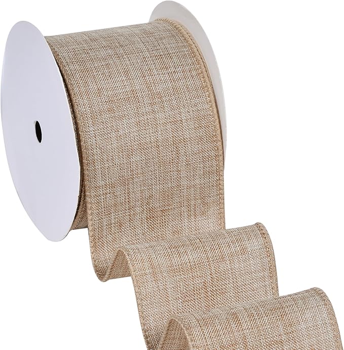 Ribest Natural Linen Wired Ribbon, 2.5 Inch × 10 Yard, Burlap Rustic Ribbon for Wreaths Bows Making Crafts Christmas Tree Decoration Gift Wrapping