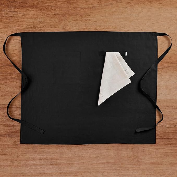 Solino Home Linen Bistro Server Apron - Extra long ties with Pockets - 100% Pure Linen Midi Half Apron for Men and Women