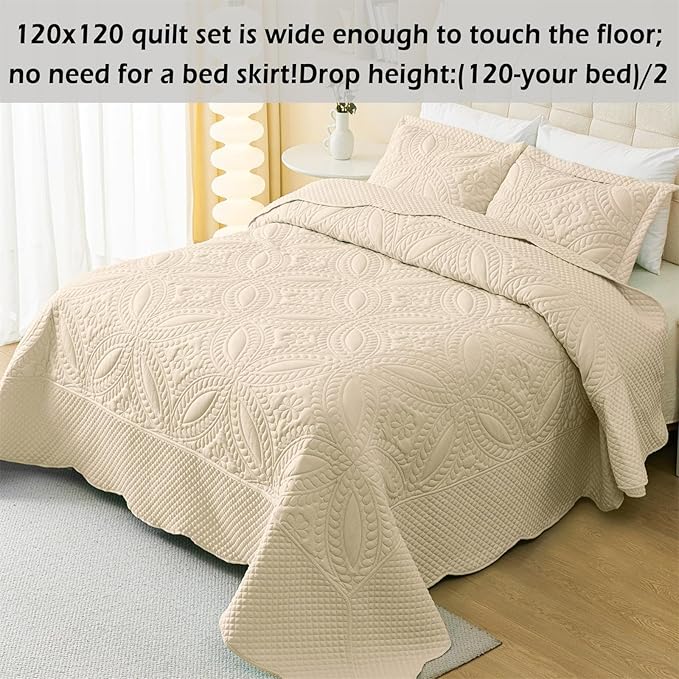 Cmfshape Oversize King Bedspread 120"x120",3 Piece California King Quilt,Lightweight Beige Quilt Set for All Season,Modern Coin Pattern Bedding Set(1 Quilt,2 Pillowshams)