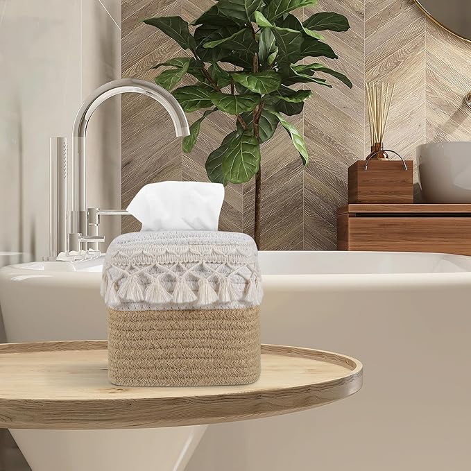 Natural Boho Tissue Box Cover: Handwoven Square Holder with Tassel for Bathroom, Table & Kitchen – Open-Bottom Design Decorative Cover for Home, Office & Farmhouse Decor