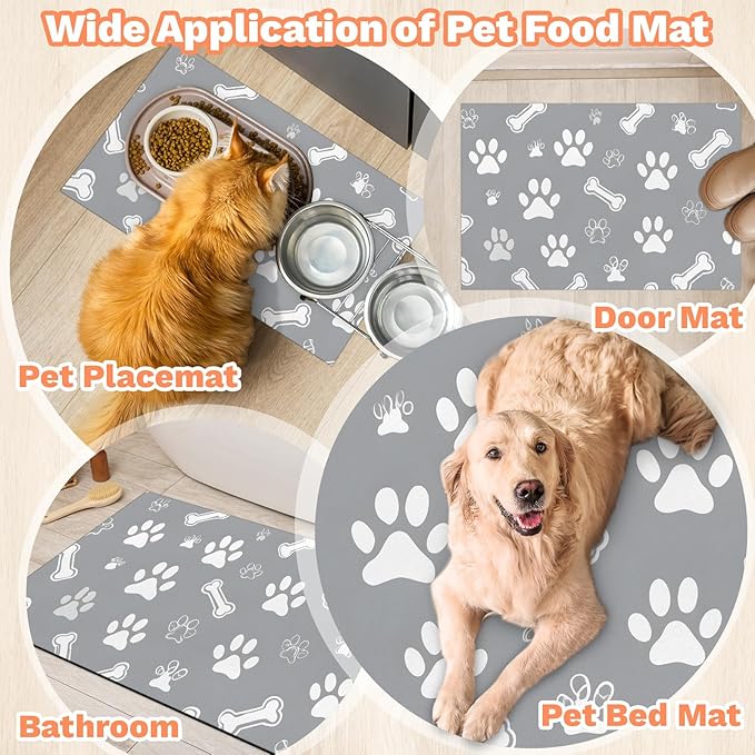 Eizlang Grey Dog Cat Food Mat,12"x20" Inches Rapid Absorbent Pet Feeding Mat,Pets Placemat Water Bowl Mats with Rubber Backing,No Stains Cat Dog Feeding Mats Indoor,Pet Accessories Supplies