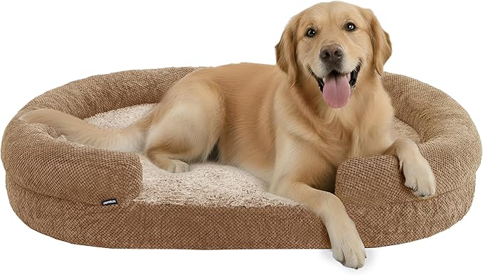 Miorun Orthopedic Dog Bed for Large Dogs, Removable Washable Cover, Memory Foam Indestructible Pet Couch for Big Dogs, Sturdy and Cozy Round Bed with Bolstered Sides, Durable Crate Bed, Camel