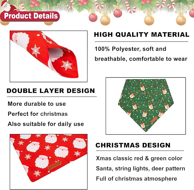 ADOGGYGO Christmas Dog Bandanas 2 Pack, Santa Deer Pattern Pet Xmas Scarf Bib, Premium Durable Fabric, Pet Christmas Bandanas for Large and Extra Large Dogs (X-Large)