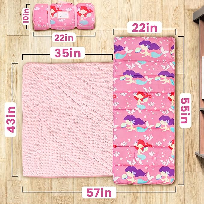 Beavtaens Toddler Nap Mat with Pillow and Minky Blanket, Large 55"x35" Sleeping Bag, Washable, Lightweight, Easy to Roll, Perfect for Preschool, Daycare, Kindergarten, Travel, Boys and Girls(Mermaid)