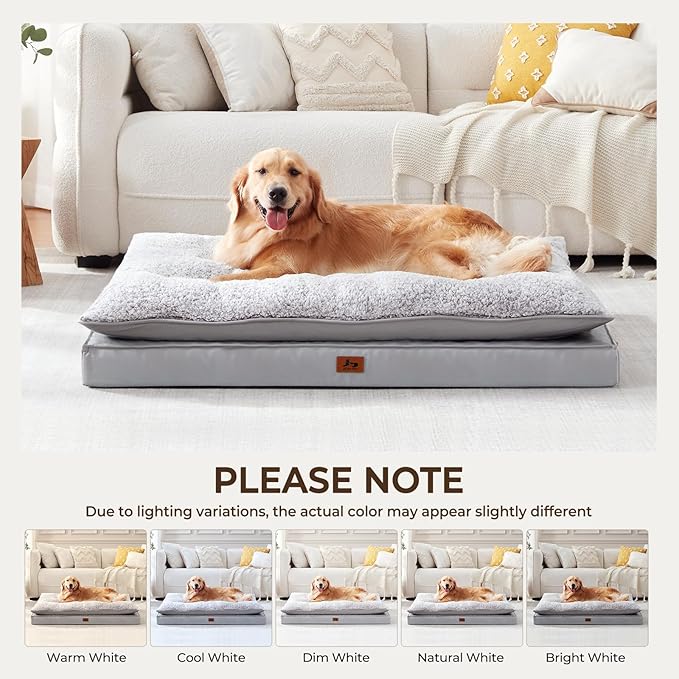 Warmrest 2-Pack XL Waterproof Dog Bed Large Size Dogs, Plush Cushion & Orthopedic Egg-Crate Foam Mattress for Senior Dogs, Washable Dog Crate Bed with Removable Cover, Light Grey