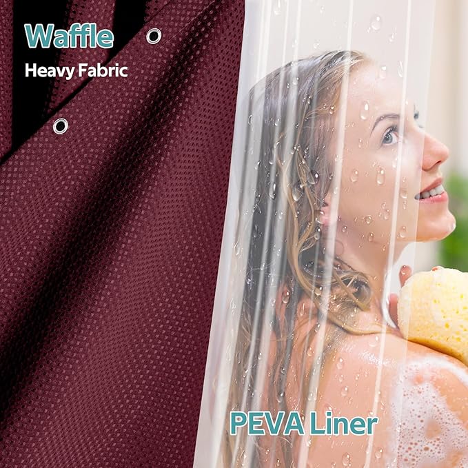 Vipfree 3 in 1 Shower Curtain Set, Waffle Shower Curtain and Liner Set with 12 Double Sided Shower Curtain Hooks, 258GSM Luxury Weighted Cloth Shower Curtains for Bathroom, 72 W x 72 H, Burgundy