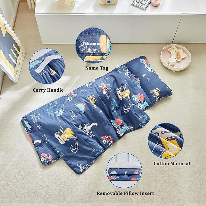 Cotton Toddler Nap Mat for Boys,Roll Up Slumber Bags Dinosaur Pattern,Toddler Nap Mat with Removable Pillow and Blanket, Kids Sleeping Mat for Daycare,Preschool and Kindergarten-Navy Blue ﻿
