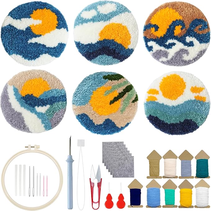 Allazone Punch Needle Kits, Punch Needle Coasters Kit, Punch Embroidery Kit with Felt Yarns Hoop Tools for DIY Coaster Crafts (Mountains and Rivers)