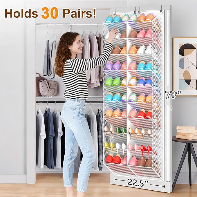 UVIAHOMI 30 Pairs Over the Door Shoe Organizer, Breathable Mesh Pocket Hanging Shoe Storage for Closet, 10-Tier Door Shoes Rack, Handing Shoes Holder Fit All the Family's Sneakers, Boots, Heels, White