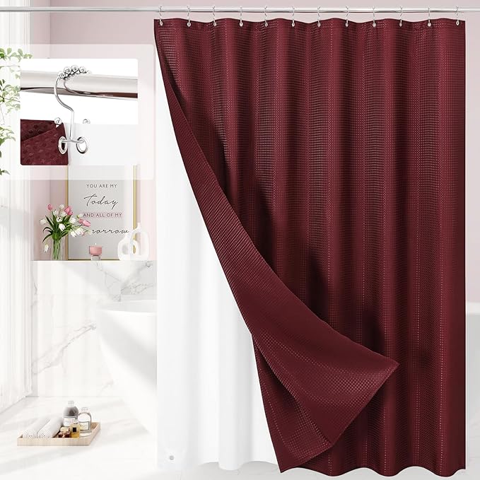 Craidlela 3 in 1 Extra Long Burgundy Shower Curtain Set-72 W x 84 H, Modern Waffle and PEVA Liner Set with 12 Stainless Steel Hooks, Waterproof Fabric for Bathroom