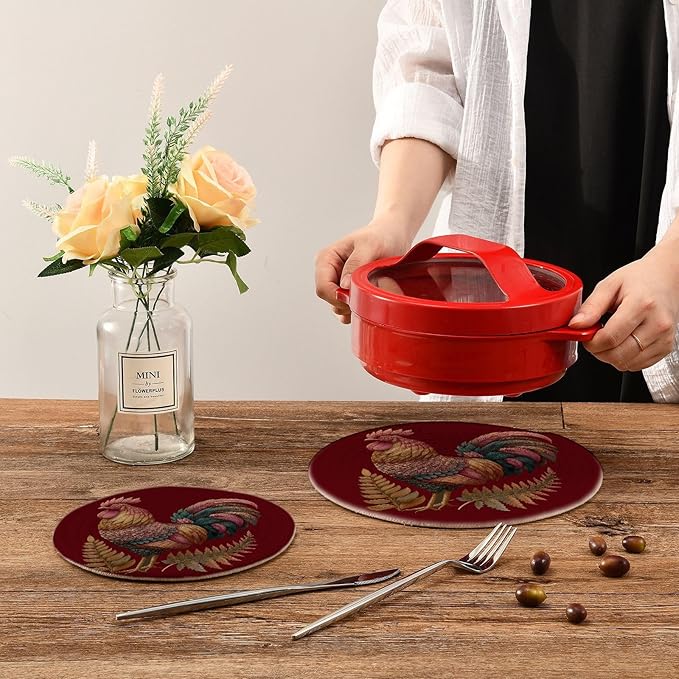 Boccsty Rooster Sunflower Trivet Mat 2PCS Farm Animal Round Woven Potholders Kitchen Table Countertop Protector Hot Pads Farmhouse Coasters Counter Mats?for Cooking Baking