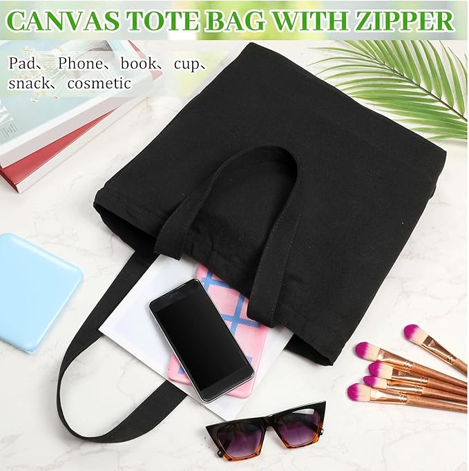 Silkfly Canvas Tote Bags Bulk Blank Cotton Canvas Bag with Zipper Handles Reusable Plain Grocery Makeup Handbag for DIY(16.5x13.4'',Black,15 Pcs)