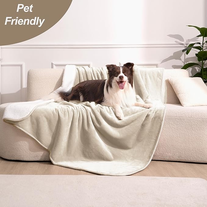 gogobunny Waterproof Bed Blanket, Reversible Sherpa Fleece Throw Blanket for Dog Puppy Cat, Furniture Cover Protects Bed Couch Sofa from Liquid Pee and Pet Fur (Cream, 30x30 inches)