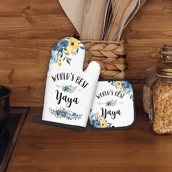 Yaya Gifts Oven Mitts and Pot Holders Sets, Gifts for Yaya from Grandkids Kitchen Decor Accessories Sets, World’s Best Yaya Heat Resistant Oven Glove Potholders for Kitchen Cooking Baking
