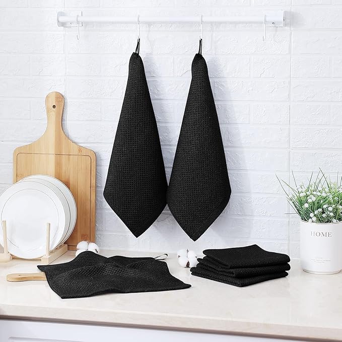 FreeNook 100% Cotton Waffle Weave Kitchen Towels, 6 Pack Dish Cloths for Washing Dishes, Ultra Soft Absorbent Dish Towels, Quick Drying Kitchen Rags, 12x12 Inches, Black