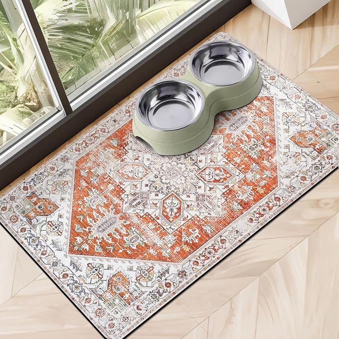 Cuslnox Dog Food Mats for Floors, Absorbent Quick Dry Pet Cat Food Mat, Dog Bowl Mats for Food and Water Dispenser Mat, Eco-Friendly Dog Accessories Pet Supplies 16""x24"", Vintage Orange