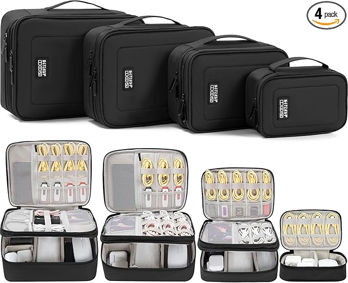 AKOZLIN Padded 4pcs/set Double Layer Travel Organizer Office Cord Cable Electronics Accessories Bag Electrical Cord Management Case Black
