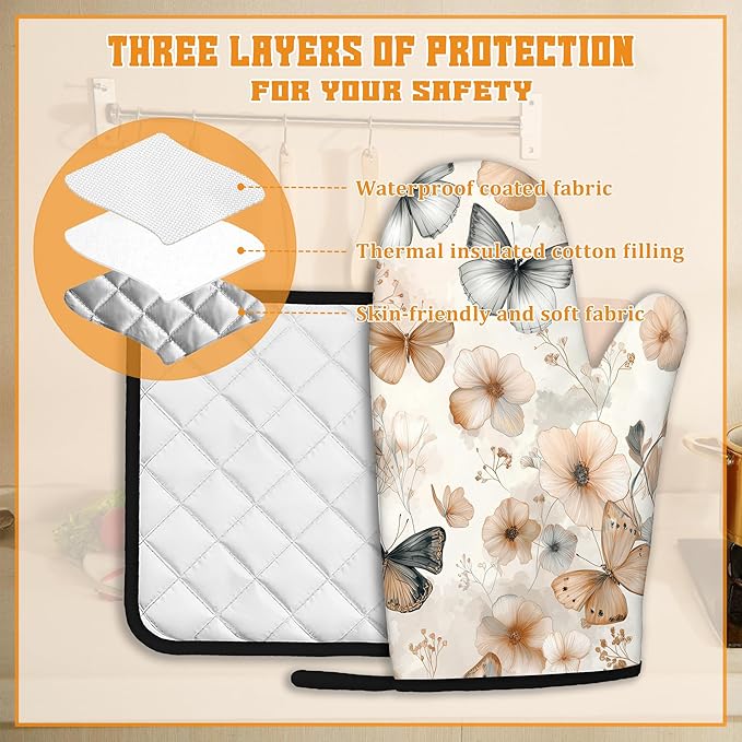 Butterfly Oven Mitts and Pot Holders,Boho Floral Flower Heat Resistant Oven Mitts Gloves and Pot Holder for Home Kitchen Decorations Cooking Baking BBQ Gifts,Set of 4