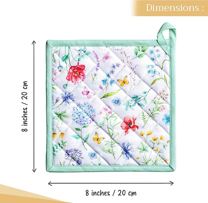 Maison d' Hermine Pot Holders 100% Cotton Heat Resistant Potholders 8" x 8" Hot Pads with Loop BBQ, Cooking, Baking, Grilling, Kitchen, Handling Hot Pans Spring/Summer (Pack of 1, Just Floral)