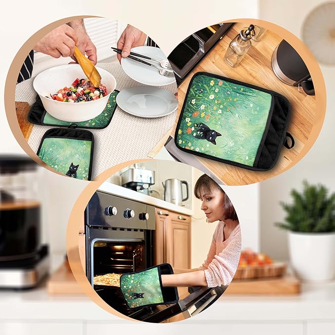 Vintage Floral Black Cat Pot Holders with Pockets, Cat Kitchen Decor, Dark Green Flower Field Kitten Oven Pot Holders Heat Resistant Oven Mitts Hot Pads for Kitchen Baking Cooking