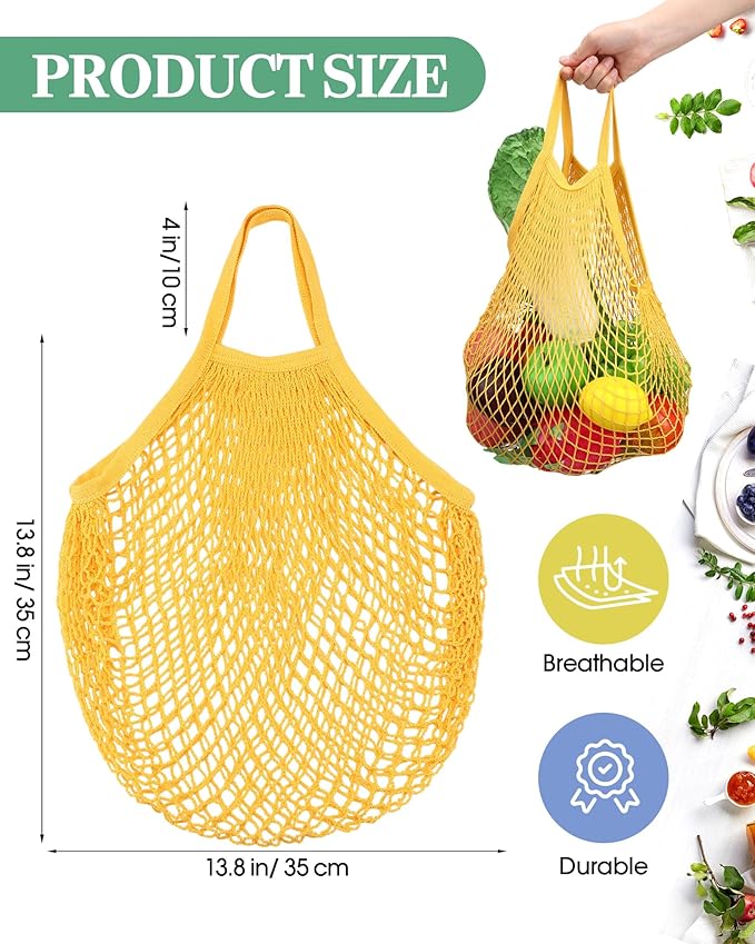 Eccliy 12 Pcs Reusable Mesh Grocery Bags Portable Cotton Produce Containers Washable Net Mesh Tote Bag Handle String Shopping(Yellow)