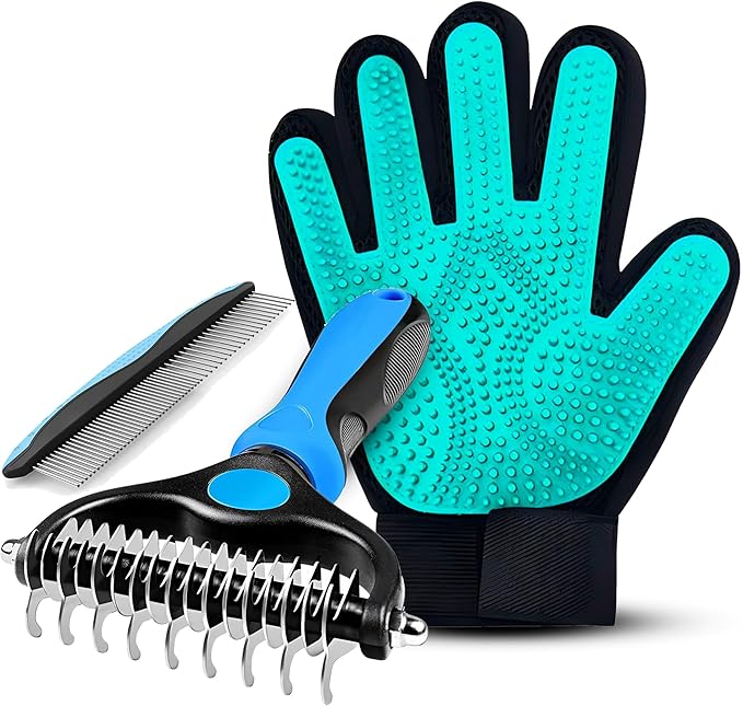 Petandzy Pet Hair Removal Glove + Hair Brush Set – Dog Grooming Gloves for Shedding, Cat Grooming Brush, Cat Hair Brush – Pet Hair Remover Glove for Dogs & Cats, Dog Shedding Tool for All Coats
